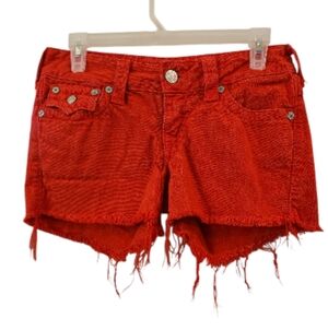 True Religion Red Distressed Denim Jean Shorts